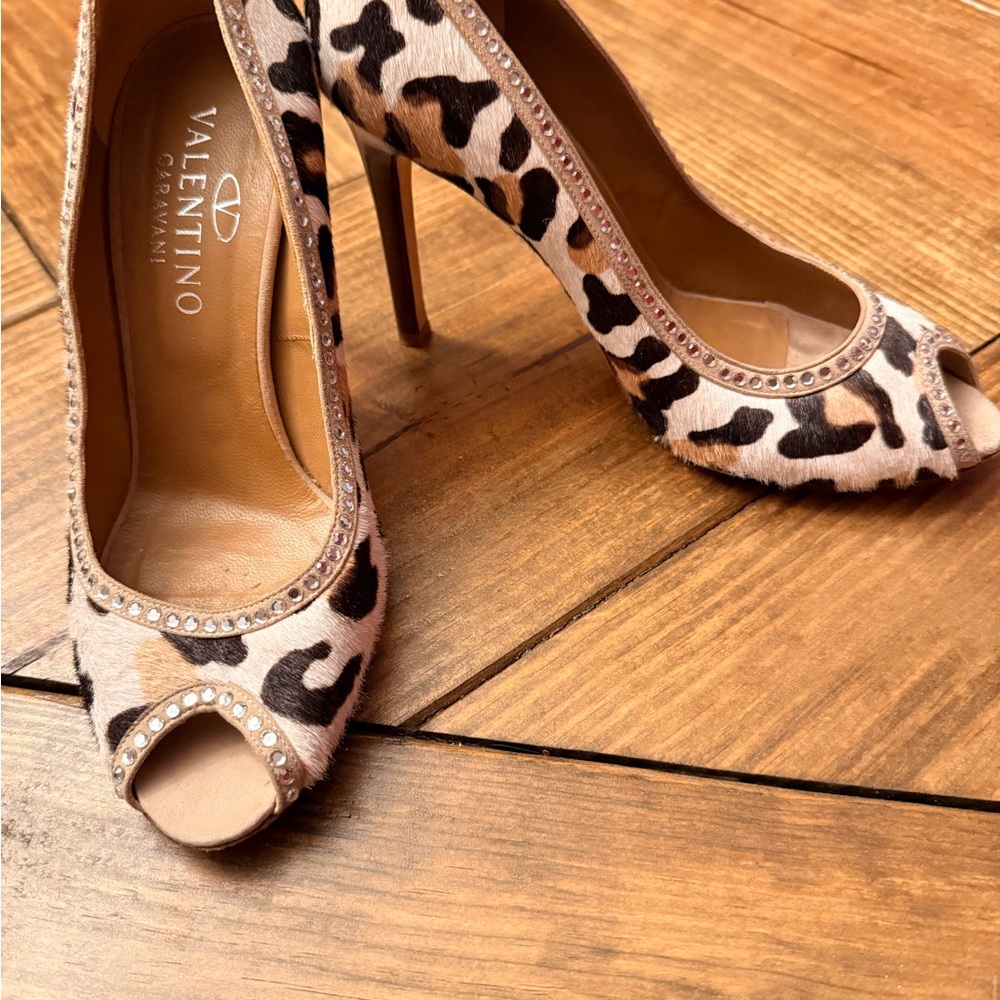 Valentino Leopard Print Peep Toe Heels